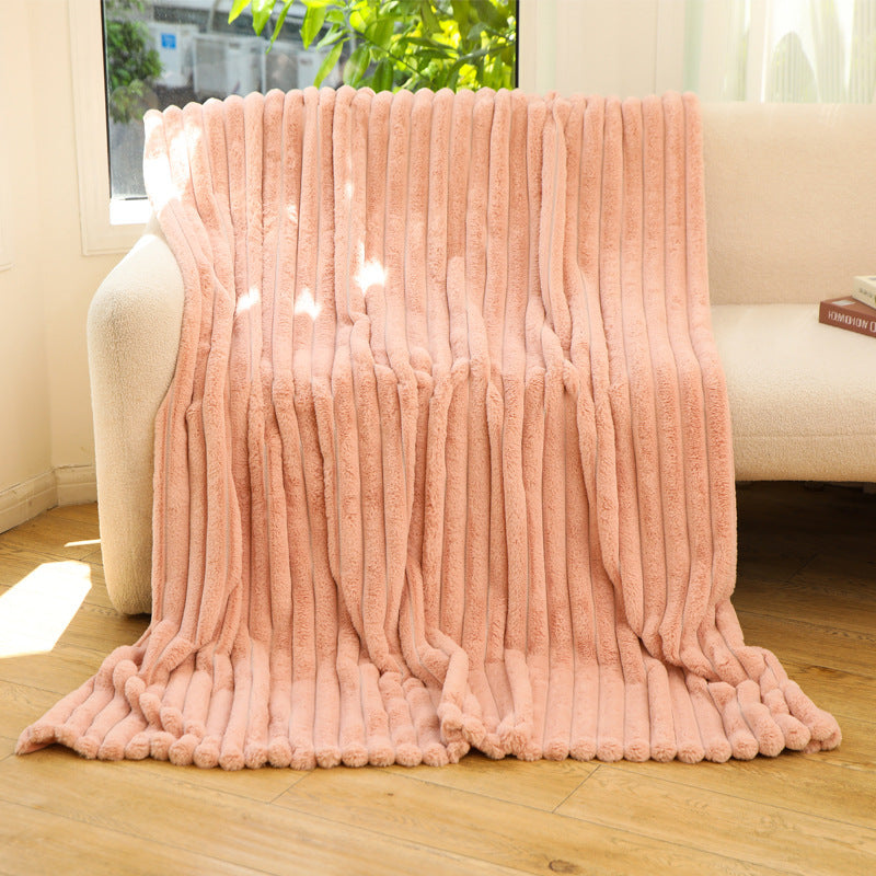 Cozy Ribbed Jacquard Rabbit Faux Fur Blanket