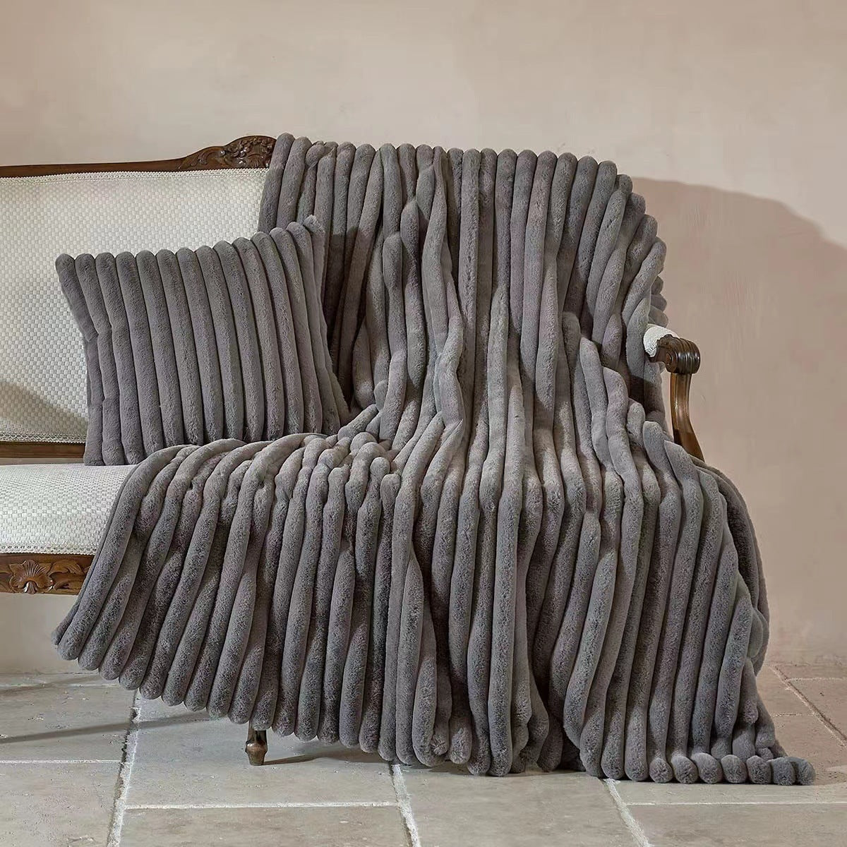 Cozy Ribbed Jacquard Rabbit Faux Fur Blanket