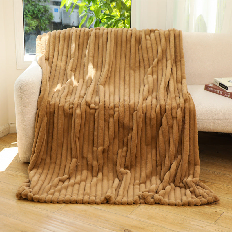 Cozy Ribbed Jacquard Rabbit Faux Fur Blanket