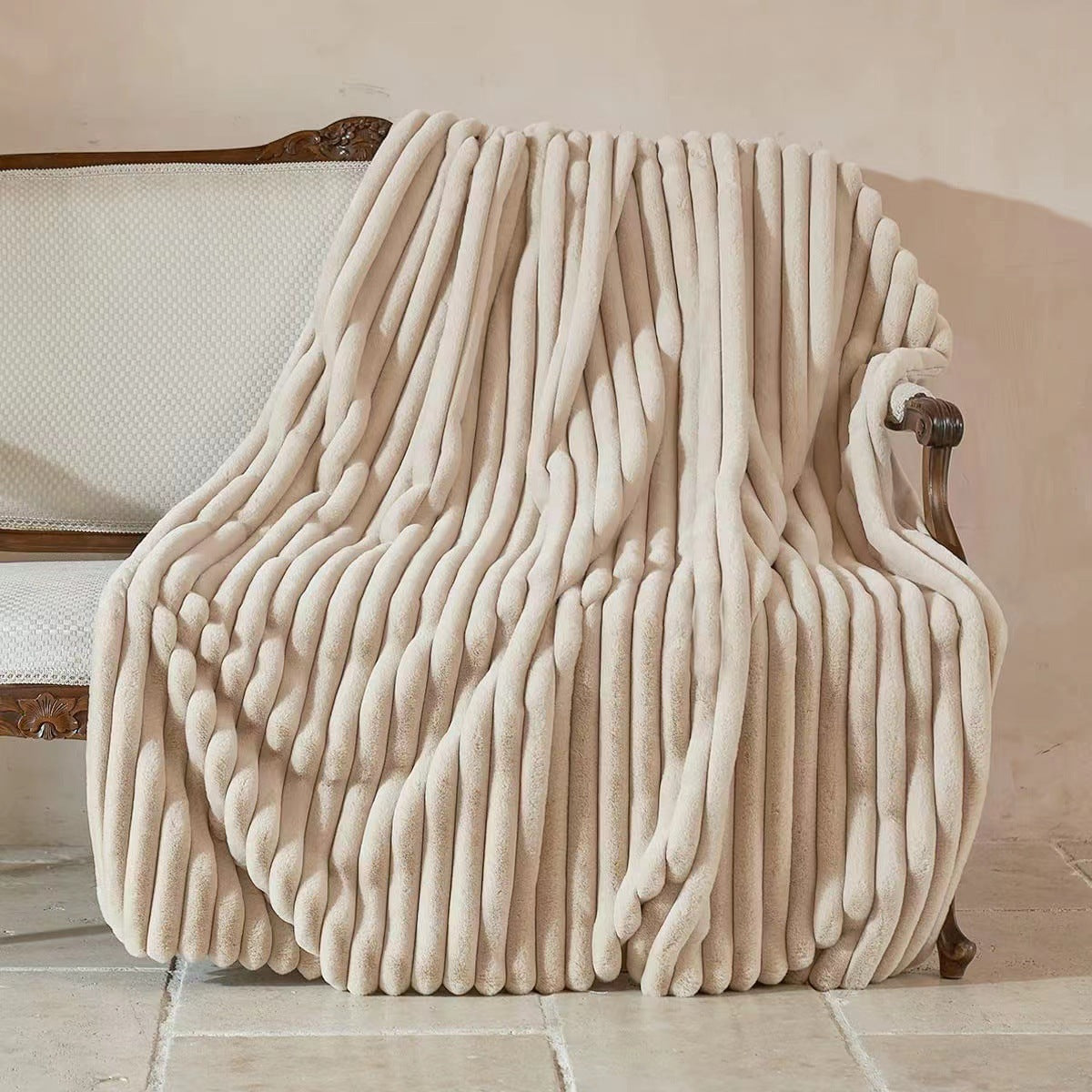 Cozy Ribbed Jacquard Rabbit Faux Fur Blanket